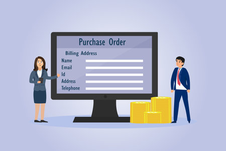 Purchase Order vector concept. Business people with purchase order form and billing address on the computer monitorのイラスト素材