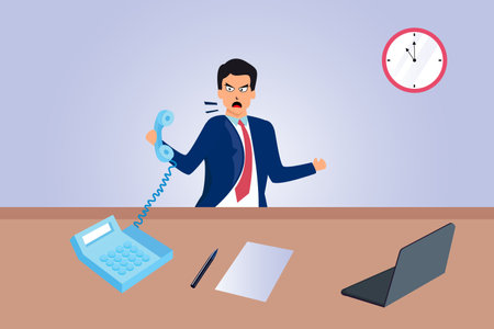 Business vector concept. Angry businessman shouting on phone in officeのイラスト素材