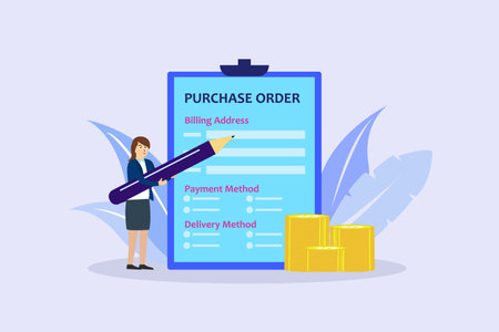 Purchase Order vector concept. Businesswoman filling purchase order form on the clipboardのイラスト素材