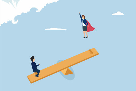 Business teamwork vector concept. Businessman helping his partner to jump and fly on seesawのイラスト素材