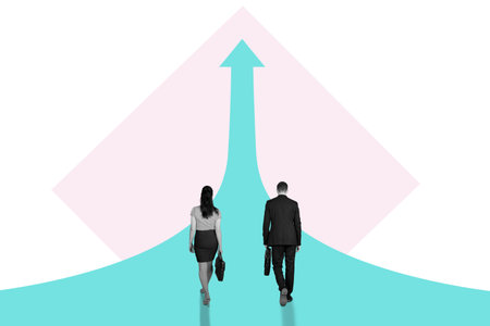 Business people holding a briefcase while walking toward arrows pointing up Trendy 3d collage in magazine style. Contemporary art. Modern designの写真素材