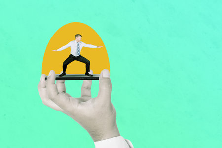 Caucasian businessman surfing on mobile phone Trendy 3d collage in magazine style. Contemporary art. Modern designの写真素材
