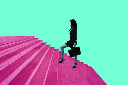 Collage with a young woman and a career ladder collage in magazine style. Contemporary art. Modern...