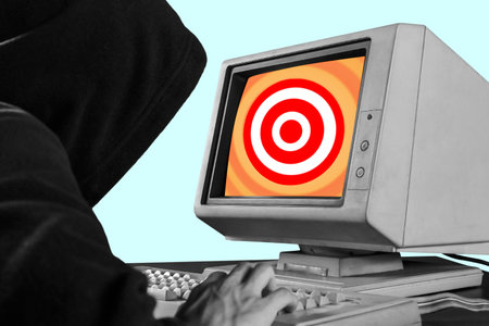 Hacker using old computer set looking for targetsの写真素材