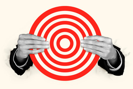 Businessman hand breaking through a paper wall holding a target. Trendy 3d collage in magazine style. Contemporary art. Modern designの写真素材