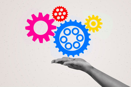 hand with cog wheels collage in magazine style. Contemporary art. Modern designの写真素材
