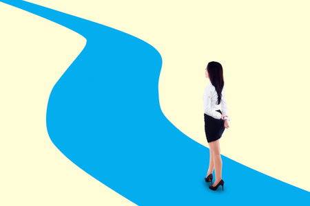 Businesswoman standing on winding path Trendy 3d collage in magazine style. Contemporary art. Modern designの写真素材
