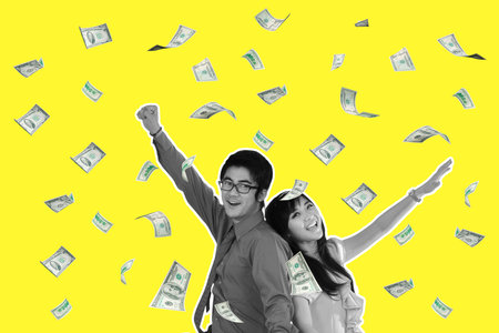 Asian business people with money flying collage in magazine style. Contemporary art. Modern design
