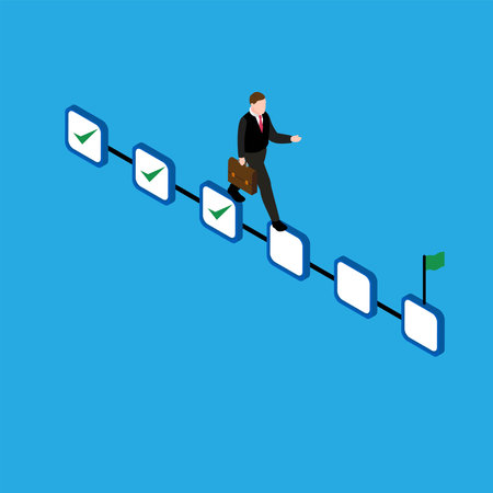 Businessman finishing tasks walking toward goal isometric 3d vector illustration concept for banner, website, illustration, landing page, flyer, etc.のイラスト素材
