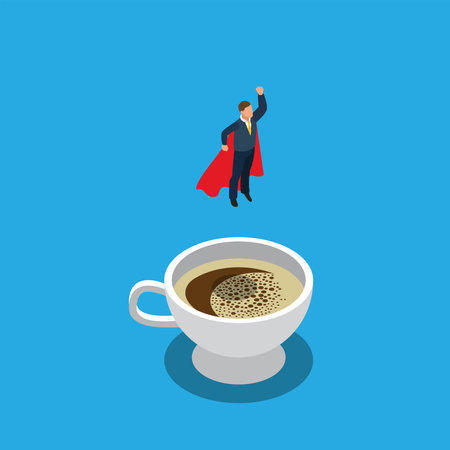 Flying businessman after having a coffee break to refresh or boost energy isometric 3d vector illustration concept for banner, website, illustration, landing page, flyer, etc.のイラスト素材
