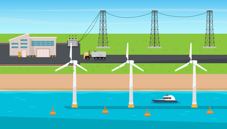 High Voltage Power Lines - Electric Power Transmission wind turbines and lake side 2d vector illustration concept for banner, website, illustration, landing page, flyer, etcのイラスト素材