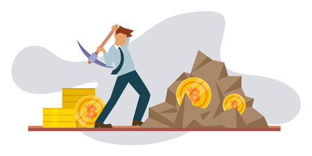 Mining cryptocurrency - Bitcoin 2d vector illustration concept for banner, website, illustration, landing page, flyer, etcのイラスト素材
