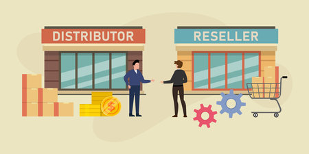 Distributor and seller shaking hands while standing in the front of the store 2d vector illustration concept for banner, website, illustration, landing page, flyer, etcのイラスト素材