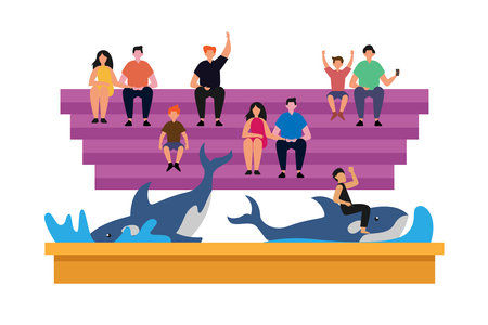 People watching dolphin show 2d vector illustration concept for banner, website, illustration, landing page, flyer, etcのイラスト素材