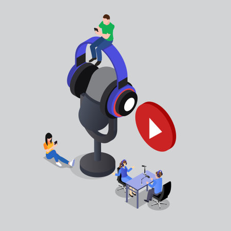 People recording and listening to podcast audio 3d isometric vector illustration concept for banner, website, landing page, ads, flyer templateのイラスト素材