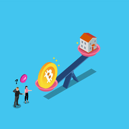 Future value of btc - Bitcoin vs property investment 3d isometric vector illustration concept for banner, website, landing page, ads, flyer templateのイラスト素材