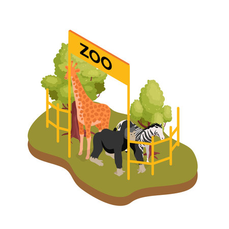 African animal zoo zebra, giraffe and gorilla 3d isometric vector illustration concept for banner, website, landing page, ads, flyer templateのイラスト素材