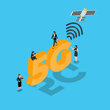 5G internet network connected to satellite 3d isometric vector illustration concept for banner,...
