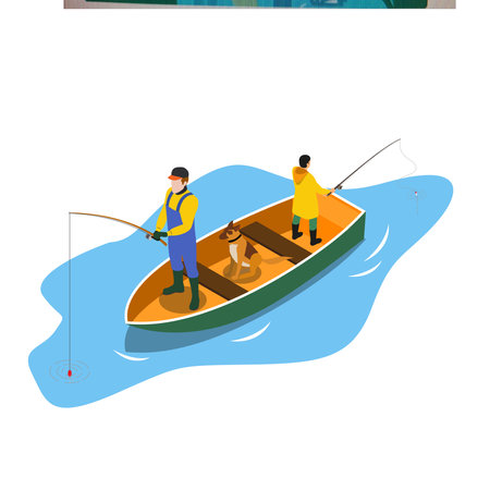Father, son and their dog fishing in summer 3d isometric vector illustration concept for banner, website, landing page, ads, flyer templateのイラスト素材