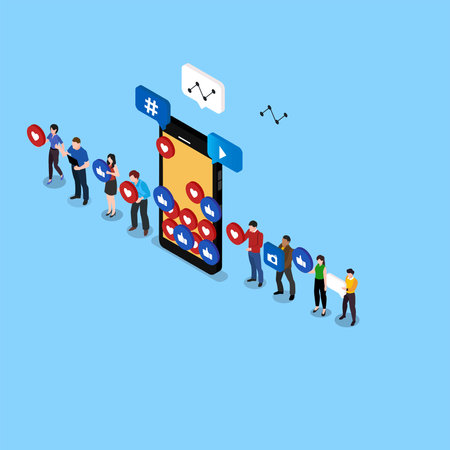 People with social media online marketing 3d isometric vector illustration concept for banner, website, landing page, ads, flyer templateのイラスト素材