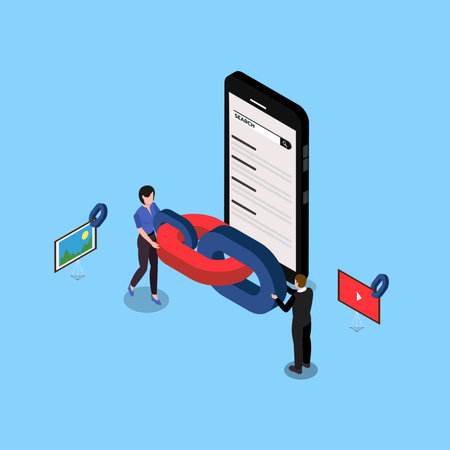 SEO Link Building as Search Engine Optimization 3d isometric vector illustration concept for banner, website, landing page, ads, flyer templateのイラスト素材