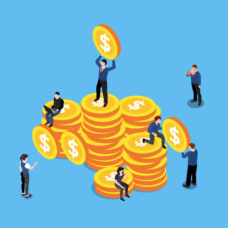 Success teamwork, partnership, money growth 3d isometric vector illustration concept for banner, website, landing page, ads, flyer templateのイラスト素材