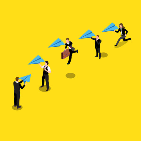 Business people launching paper plane 3d isometric vector illustration concept for banner, website,...