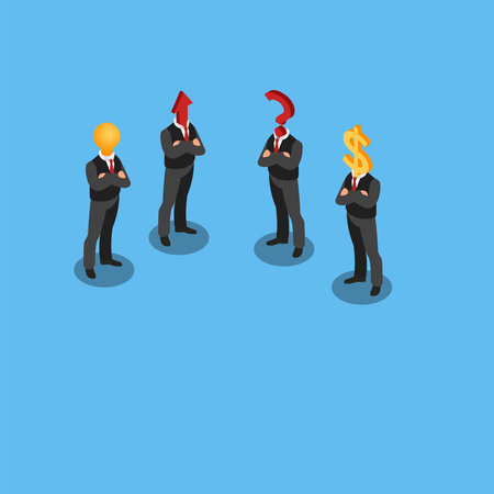 Dream team - Businessmen head with question mark, dollar, arrow and bulb symbol 3d isometric vector illustration concept for banner, website, landing page, ads, flyer templateのイラスト素材