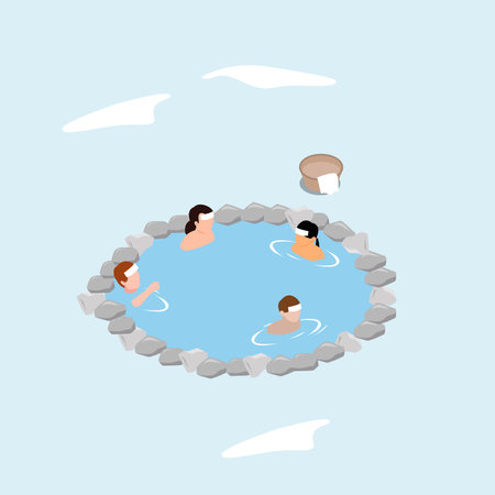 People enjoying thermal spa water in winter 3d isometric vector illustration concept for banner, website, landing page, ads, flyer templateのイラスト素材