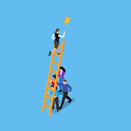 Teamwork - People hold ladder, woman takes out star - solving problems together 3d isometric vector illustration concept for banner, website, landing page, ads, flyer templateのイラスト素材