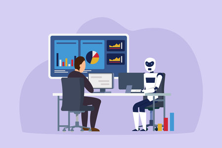 People and Humanoids working together 2d vector illustration concept for banner, website, illustration, landing page, flyer, etc.のイラスト素材