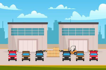 Logistics warehouse with loading truck and working forklift d vector illustration concept for banner, website, illustration, landing page, flyer, etc.のイラスト素材