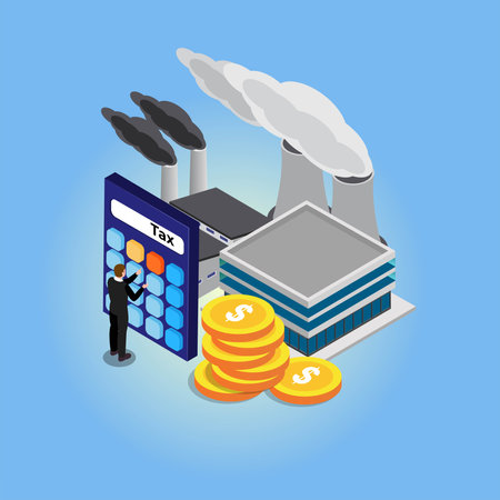 Businessman counting industrial carbon tax with calculator - Carbox tax isometric 3d vector illustration concept banner, website, landing page, ads, flyer templateのイラスト素材