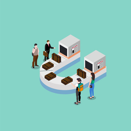 Tourists Male and Female Taking Luggage in Carousel Area conveyor belt after Airplane Flight isometric 3d vector illustration concept banner, website, landing page, ads, flyer templateのイラスト素材