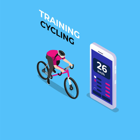 Smart cycling exercise using mobile app to monitor health isometric 3d vector illustration concept banner, website, landing page, ads, flyer templateのイラスト素材