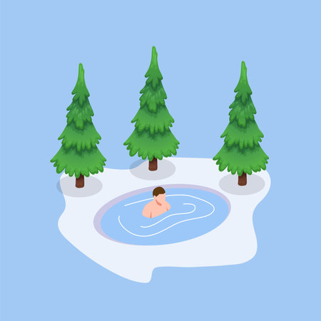 Man enjoying thermal spa water isometric 3d vector illustration concept banner, website, landing page, ads, flyer templateのイラスト素材