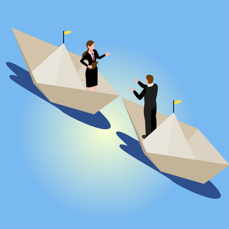 Company business manager talk and making a deal on the boat isometric 3d vector illustration concept banner, website, landing page, ads, flyer templateのイラスト素材
