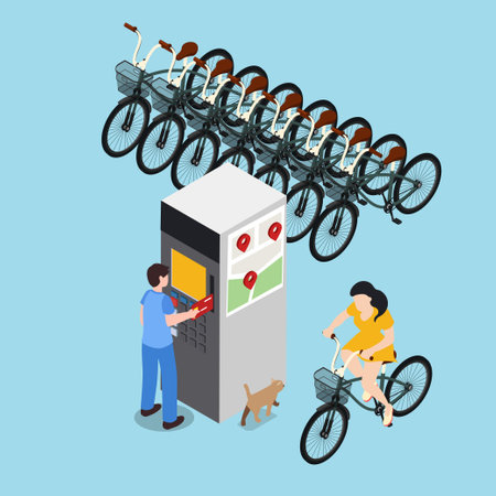 Row of bicycles parked for rent isometric 3d vector illustration concept banner, website, landing page, ads, flyer templateのイラスト素材