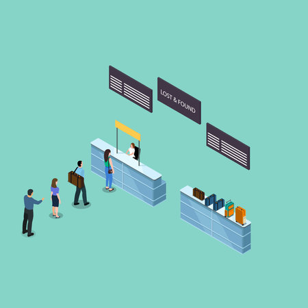People queue Lost and found service at airport isometric 3d vector illustration concept banner, website, landing page, ads, flyer templateのイラスト素材