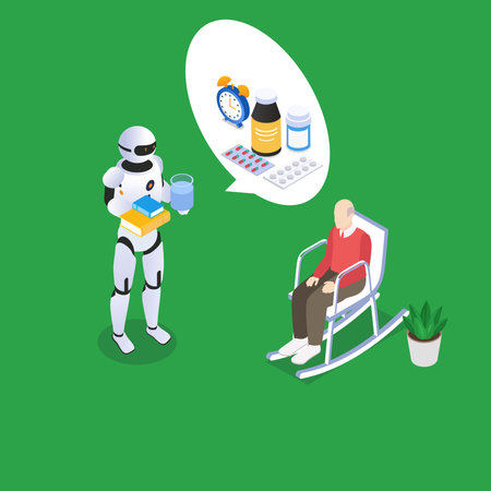 Domestic Personal Robot Engineered for elderly people isometric 3d vector illustration concept banner, website, landing page, ads, flyer templateのイラスト素材