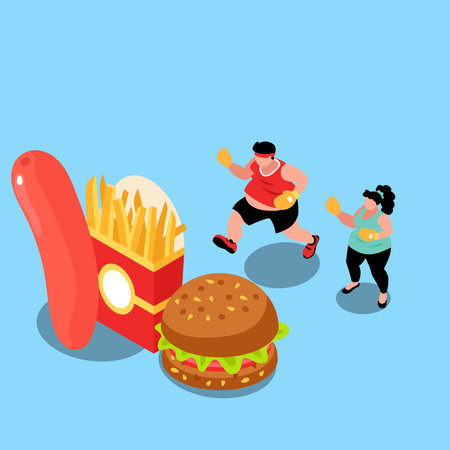 Couple in ready to exercise saying no to junk food 3d isometric vector illustration concept for banner, website, landing page, ads, flyer templateのイラスト素材