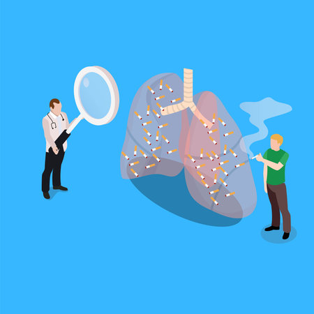 Sad smoker and doctor examining huge lungs full of cigarettes 3d isometric vector illustration concept for banner, website, landing page, ads, flyer template3d isometric vector illustration concept for banner, website, landing page, ads, flyer templateのイラスト素材