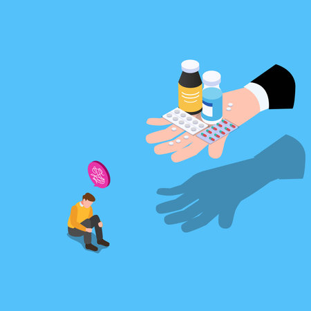 Offering medications to a guy have problems with mental health 3d isometric vector illustration concept for banner, website, landing page, ads, flyer templateのイラスト素材
