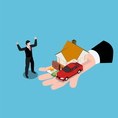Financial adviser offering house, car, money to business man 3d isometric vector illustration concept for banner, website, landing page, ads, flyer templateのイラスト素材