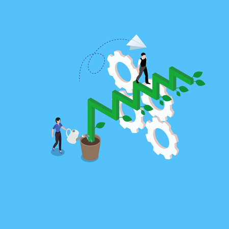 Businesswoman watering seedling plant growing up as stair to climb to reach success 3d isometric vector illustration concept for banner, website, landing page, ads, flyer templateのイラスト素材