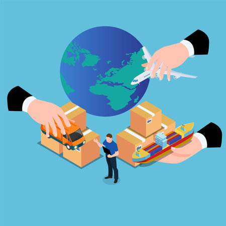 Hands offering to man cargo transportation by ship, plane, van 3d isometric vector illustration concept for banner, website, landing page, ads, flyer templateのイラスト素材