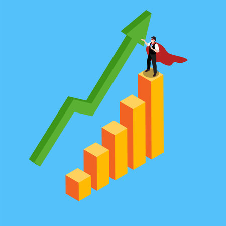 Man in a business suit and a superhero cape standing on an uptrend chart 3d isometric vector illustration concept for banner, website, landing page, ads, flyer templateのイラスト素材
