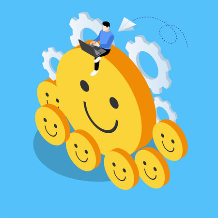 Young entrepreneur working on laptop sitting on a smile emoji 3d isometric vector illustration concept for banner, website, landing page, ads, flyer templateのイラスト素材