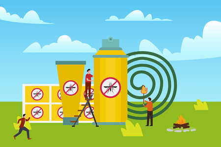 People using various mosquito repellents 2d vector illustration concept for banner, website, illustration, landing page, flyerのイラスト素材