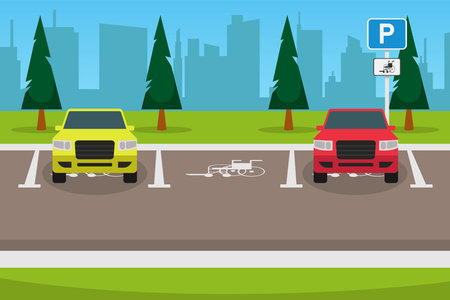 Cars in the parking lot or car-parking for the disabled 2d vector illustration concept for banner, website, illustration, landing page, flyerのイラスト素材